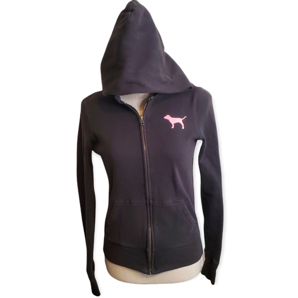 PINK VS | Women's black Pink brand graphic back zipper-front hoodie. Size small. - Picture 3 of 9